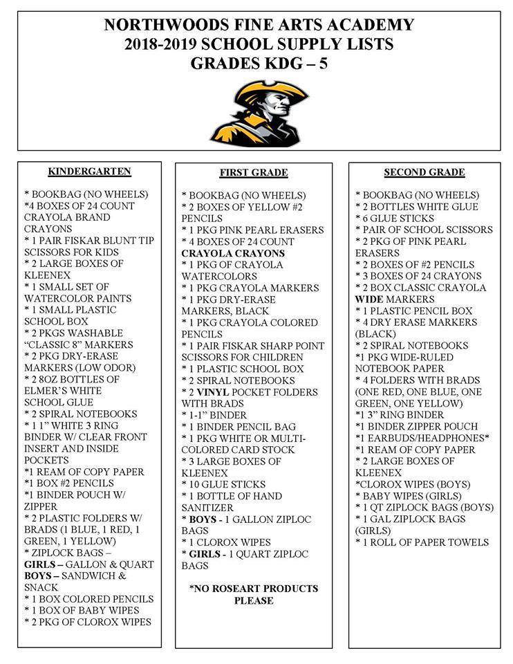 School Supply List k-2