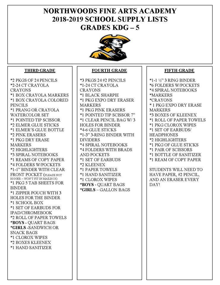 School Supply List 3-5