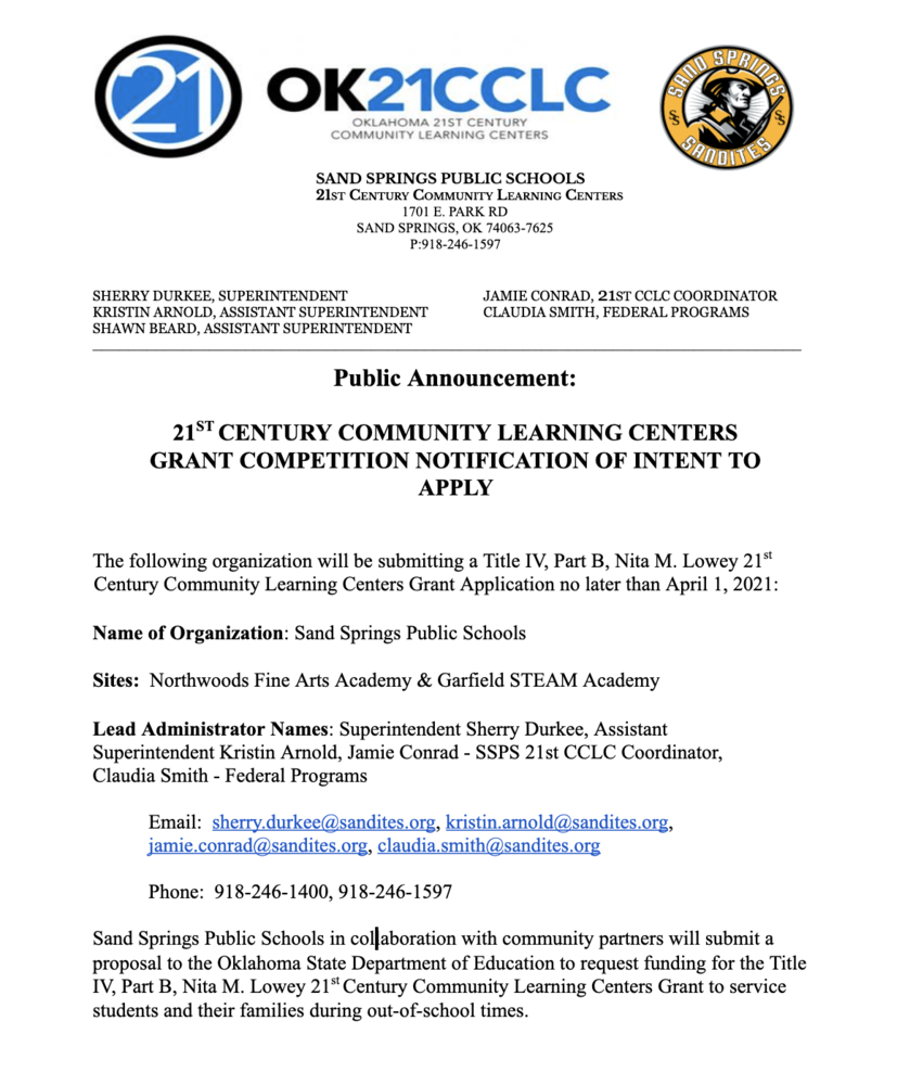 21ST CENTURY COMMUNITY LEARNING CENTERS GRANT COMPETITION NOTIFICATION OF INTENT TO APPLY
