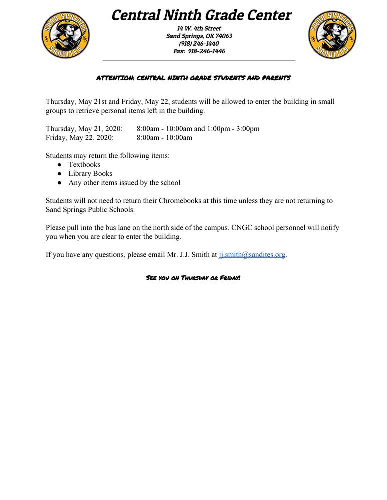 Schedule Set For Students to Pick Up and Return Items