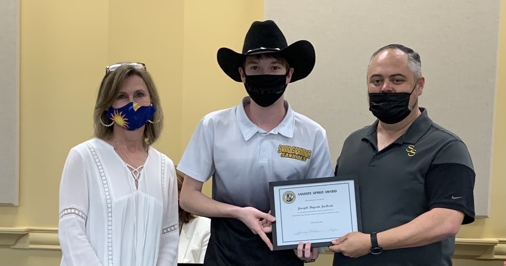 Bryson Jackson received the Sandite Spirit Award at tonight's Board of Education Meeting