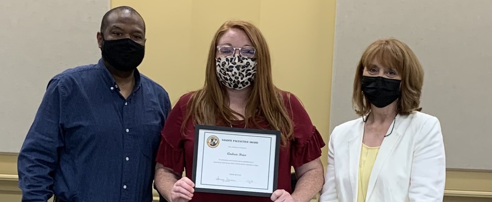 Andrea Brice, Family and Consumer Science Teacher at Charles Page High School - Freshman Academy received the Sandite Pacesetter Award at tonight's Board of Education Meeting