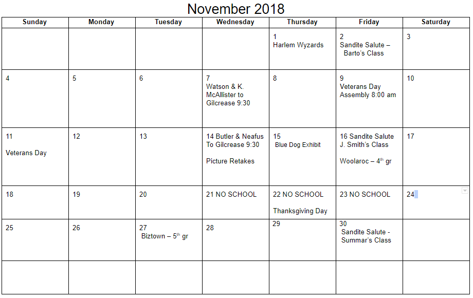 NFAA November Calendar