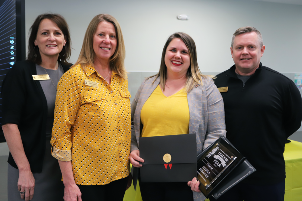 Assistant Superintendent Kristin Arnold, Superintendent Sherry Durkee, Teacher of the Year Jessica Sprague, Assistant Superintendent of Teaching and Learning Shawn Beard
