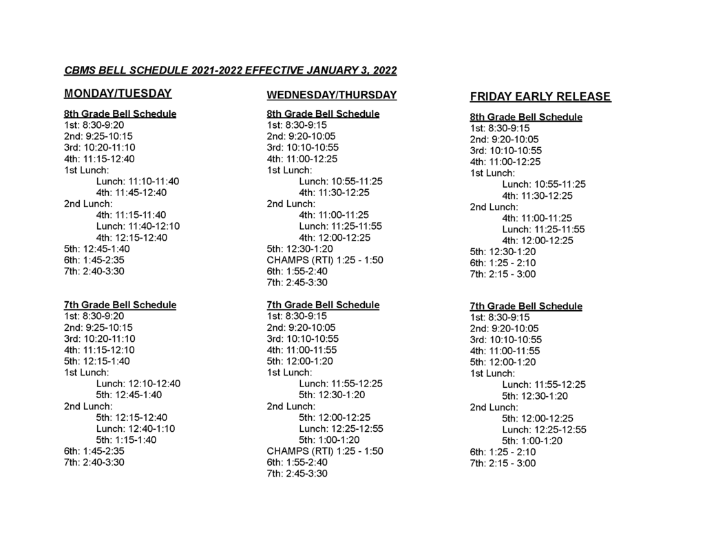 CBMS Bell Schedule Spring 2022